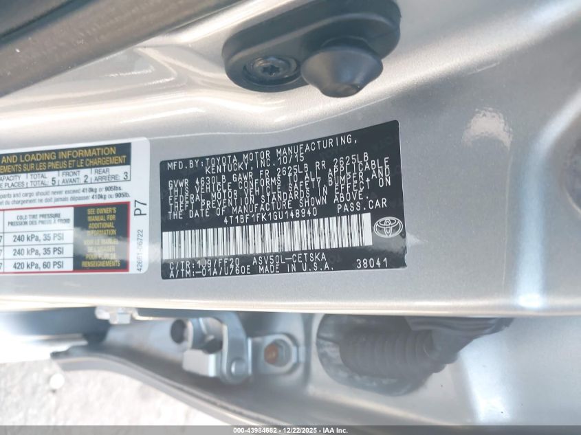 2016 Toyota Camry Se VIN: 4T1BF1FK1GU148940 Lot: 43984682