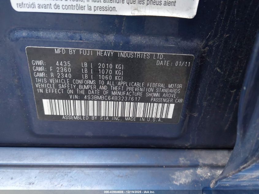 2011 Subaru Legacy 2.5I Premium VIN: 4S3BMBC64B3237617 Lot: 43984686