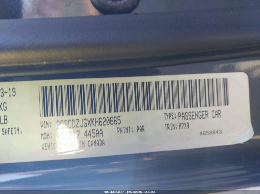 2019 Dodge Challenger Gt VIN: 2C3CDZJGXKH620665 Lot: 43984687