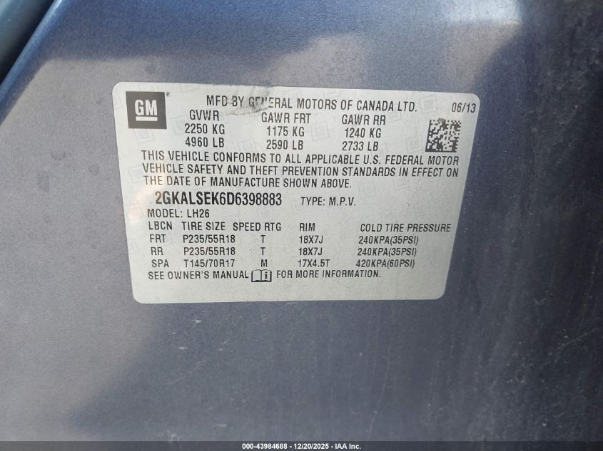 2013 GMC Terrain Sle-2 VIN: 2GKALSEK6D6398883 Lot: 43984688