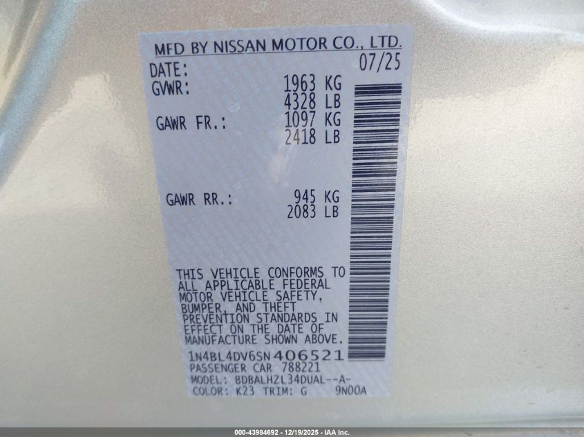 2025 Nissan Altima Sv Fwd VIN: 1N4BL4DV6SN406521 Lot: 43984692