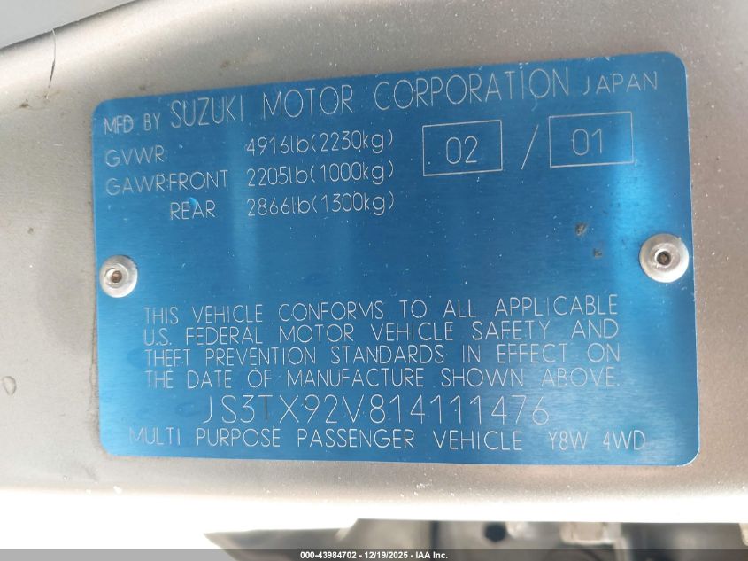 2001 Suzuki Grand Vitara Xl-7 Plus/Standard/Touring VIN: JS3TX92V814111476 Lot: 43984702