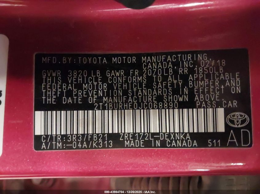 2018 Toyota Corolla Le VIN: 2T1BURHE0JC068890 Lot: 43984704