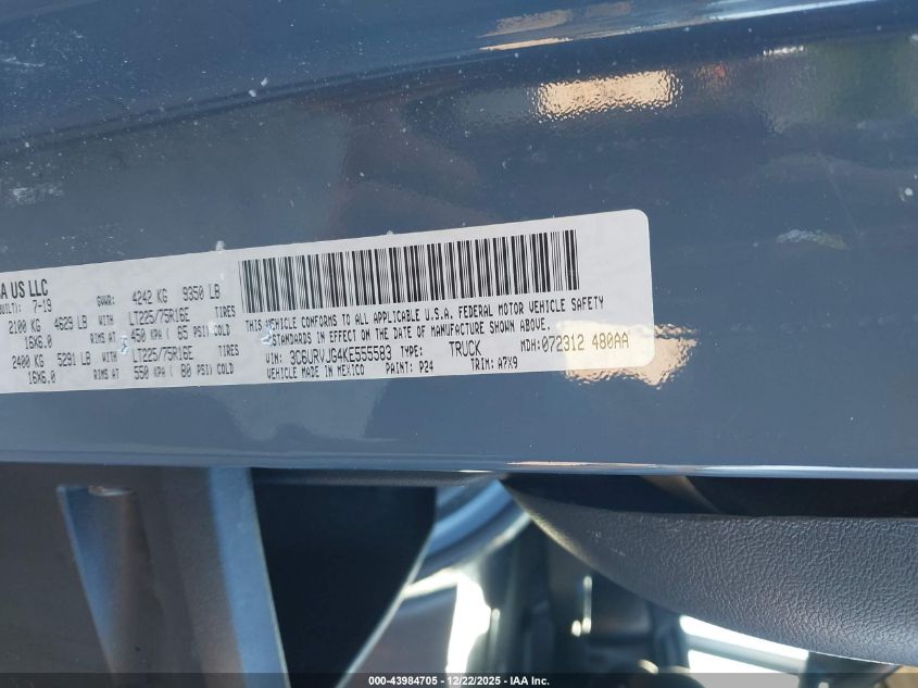 2019 Ram Promaster 3500 Cargo Van High Roof 159 Wb Ext VIN: 3C6URVJG4KE555583 Lot: 43984705