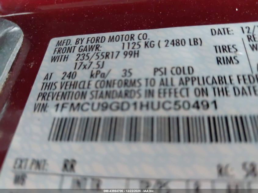 2017 Ford Escape Se VIN: 1FMCU9GD1HUC50491 Lot: 43984706