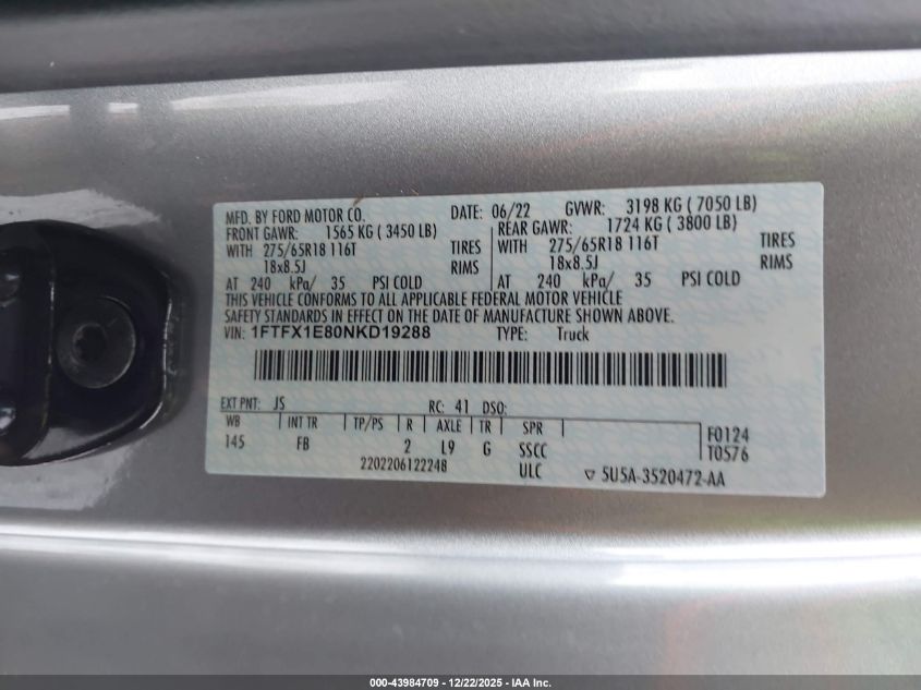2022 Ford F-150 Xlt VIN: 1FTFX1E80NKD19288 Lot: 43984709