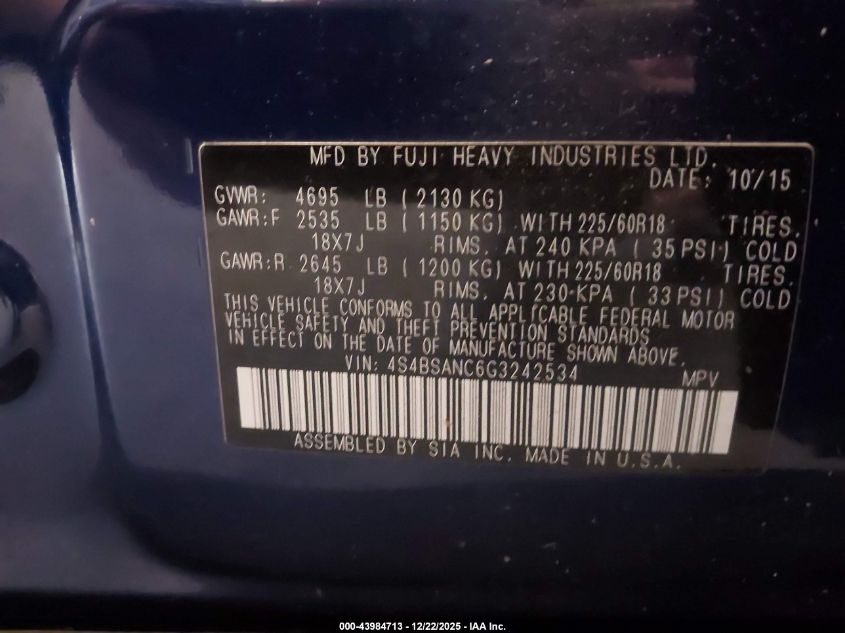 2016 Subaru Outback 2.5I Limited VIN: 4S4BSANC6G3242534 Lot: 43984713