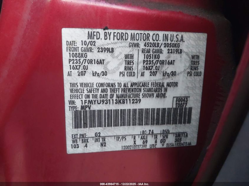 2003 Ford Escape Xlt VIN: 1FMYU93113KB11239 Lot: 43984715