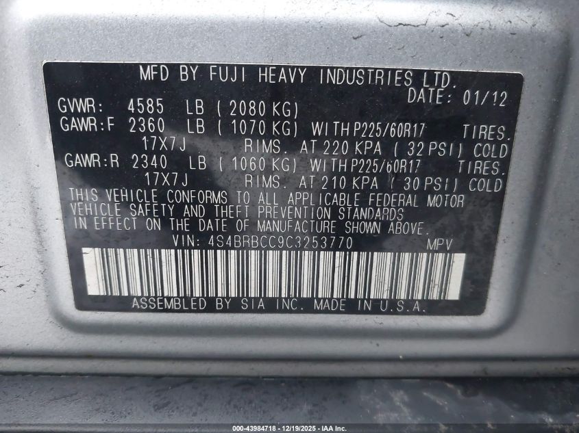 2012 Subaru Outback 2.5I Premium VIN: 4S4BRBCC9C3253770 Lot: 43984718