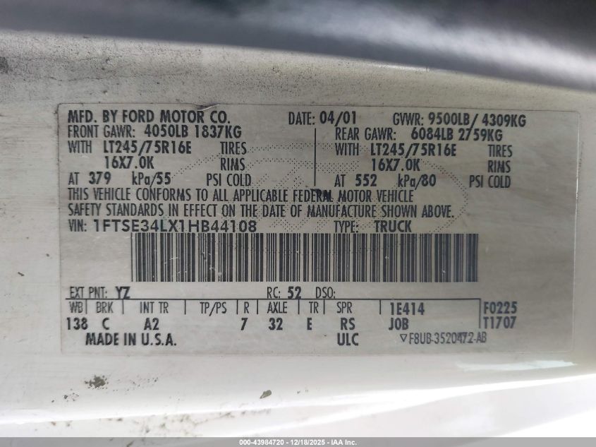 2001 Ford E-350 Super Duty Commercial/Recreational VIN: 1FTSE34LX1HB44108 Lot: 43984720