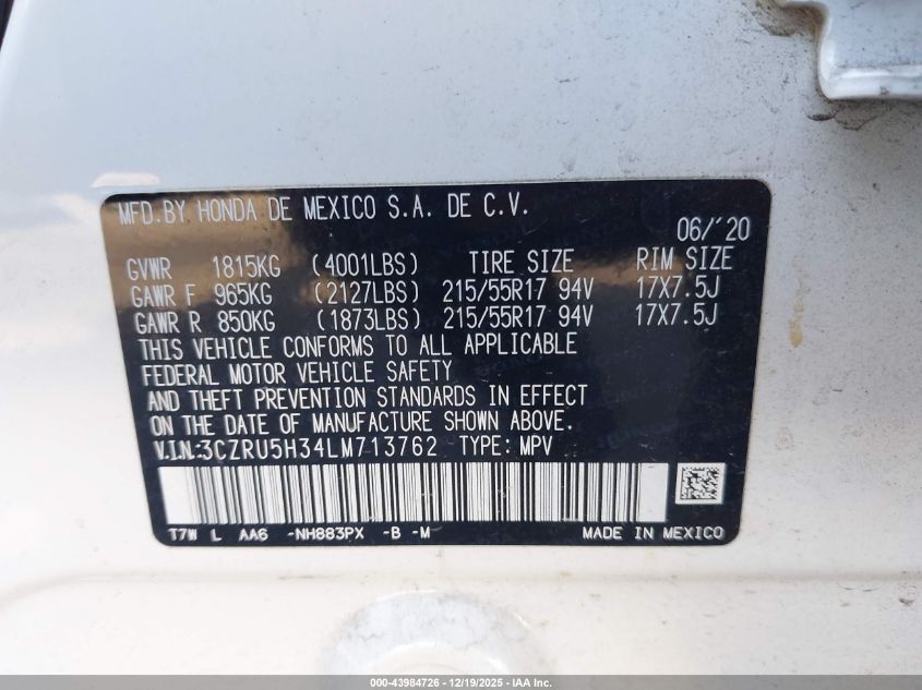 2020 Honda Hr-V 2Wd Lx VIN: 3CZRU5H34LM713762 Lot: 43984726