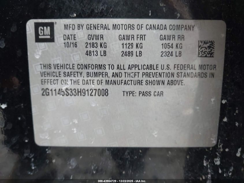 2017 Chevrolet Impala 2Lz VIN: 2G1145S33H9127008 Lot: 43984729