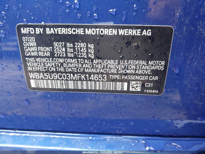 2021 BMW 3 Series M340I xDrive VIN: WBA5U9C03MFK14653 Lot: 43984733