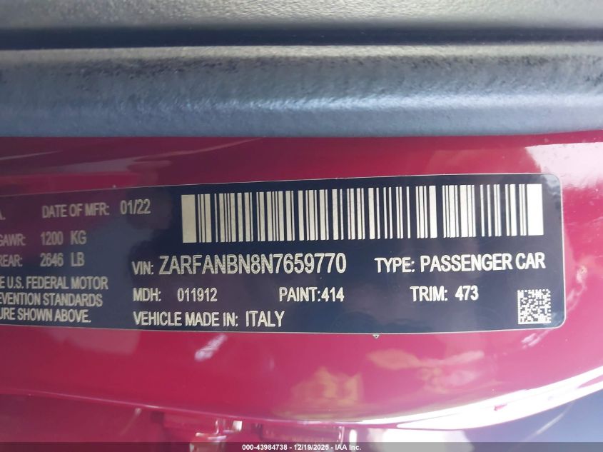 2022 Alfa Romeo Giulia Veloce Awd VIN: ZARFANBN8N7659770 Lot: 43984738