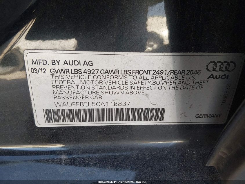 2012 Audi A4 2.0T Premium VIN: WAUFFBFL5CA118837 Lot: 43984741