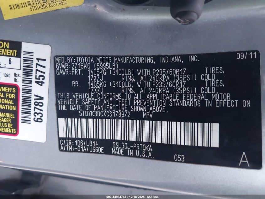 2012 Toyota Sienna Xle V6 8 Passenger VIN: 5TDYK3DCXCS178972 Lot: 43984743