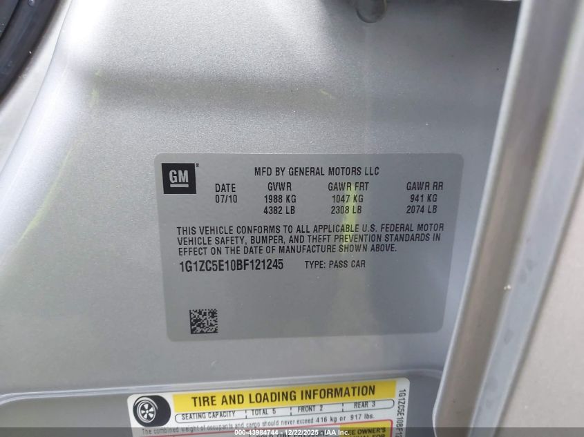 2011 Chevrolet Malibu 1Lt VIN: 1G1ZC5E10BF121245 Lot: 43984744