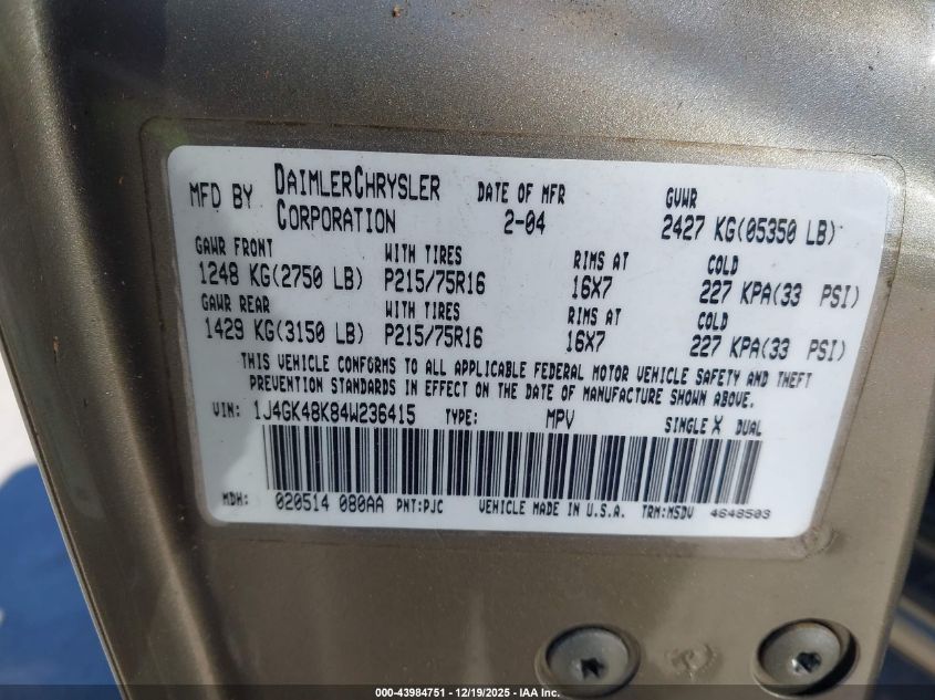 2004 Jeep Liberty Sport VIN: 1J4GK48K84W236415 Lot: 43984751
