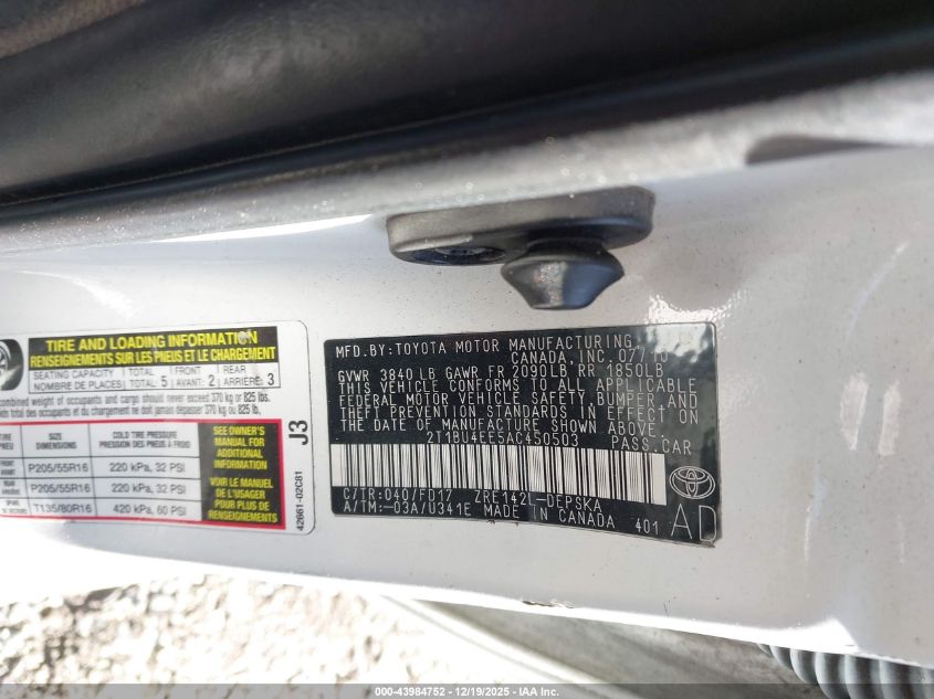 2010 Toyota Corolla S VIN: 2T1BU4EE5AC450503 Lot: 43984752