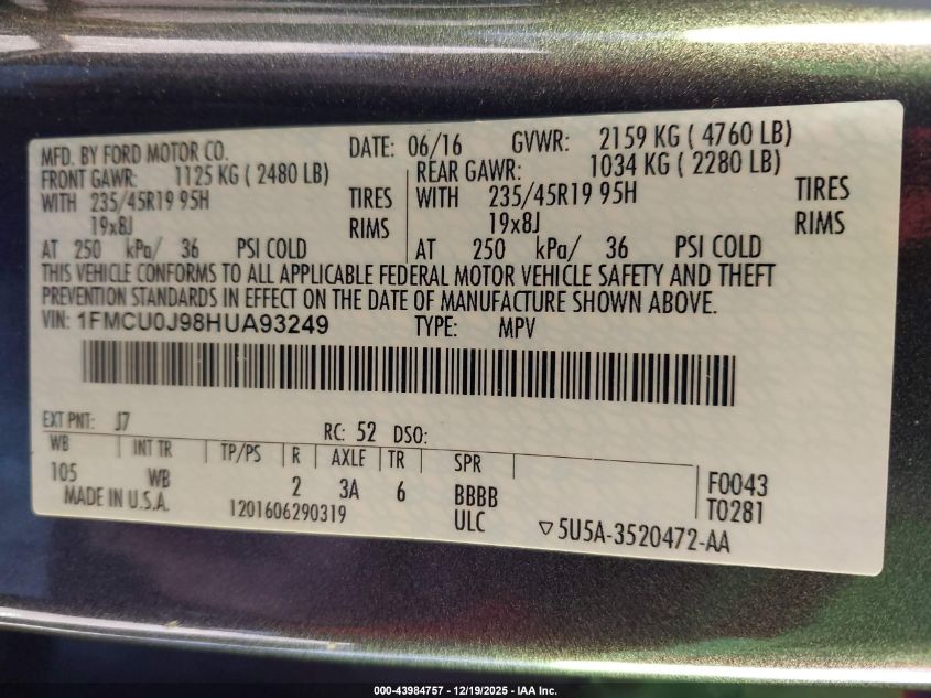 2017 Ford Escape Titanium VIN: 1FMCU0J98HUA93249 Lot: 43984757