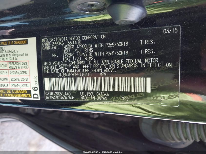 2015 Lexus Gx 460 VIN: JTJBM7FX0F5110615 Lot: 43984760