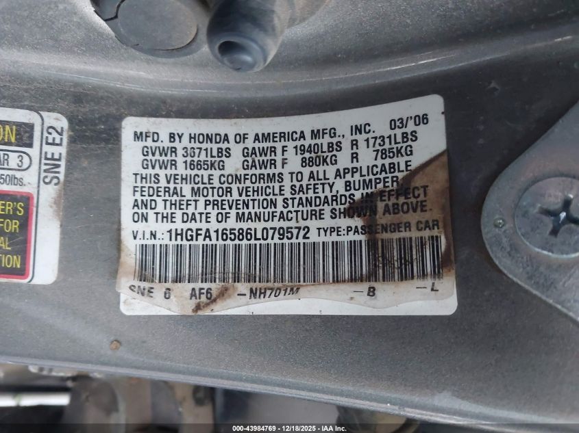 2006 Honda Civic Lx VIN: 1HGFA16586L079572 Lot: 43984769