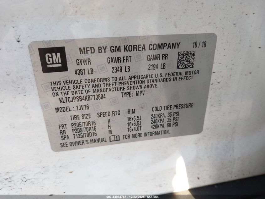 2019 Chevrolet Trax Lt VIN: KL7CJPSB4KB773804 Lot: 43984767