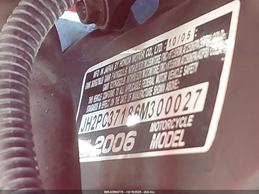 2006 Honda Cbr600 Rr VIN: JH2PC37186M300027 Lot: 43984770