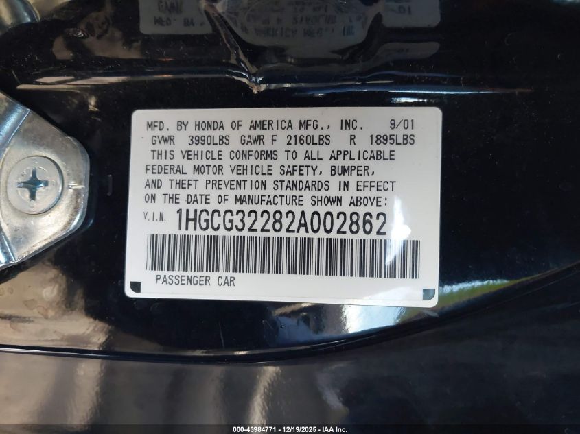 2002 Honda Accord 2.3 Se VIN: 1HGCG32282A002862 Lot: 43984771