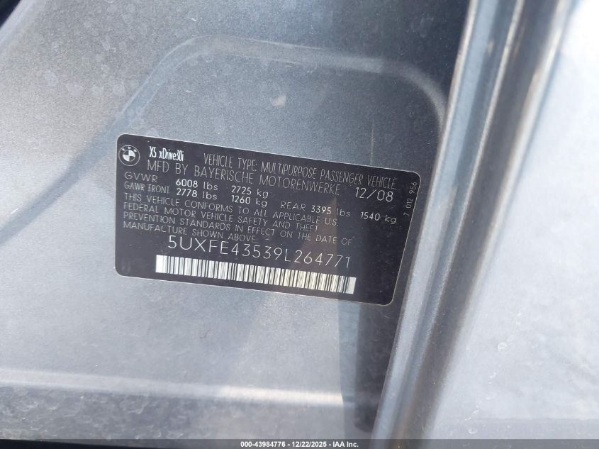 2009 BMW X5 xDrive30I VIN: 5UXFE43539L264771 Lot: 43984776