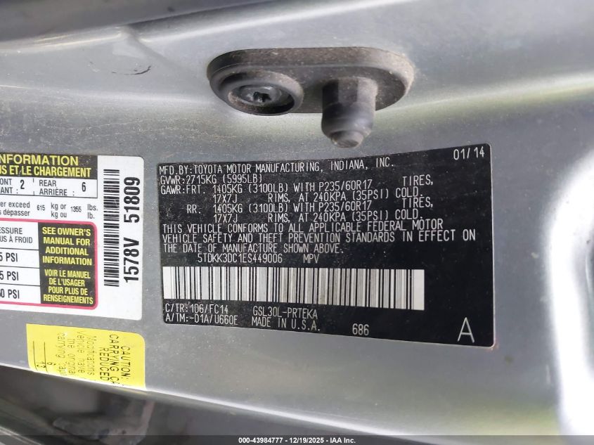 2014 Toyota Sienna Le V6 8 Passenger VIN: 5TDKK3DC1ES449006 Lot: 43984777