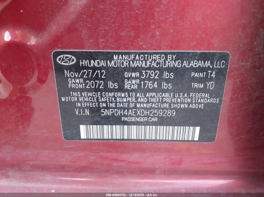 2013 Hyundai Elantra Gls VIN: 5NPDH4AEXDH259289 Lot: 43984782