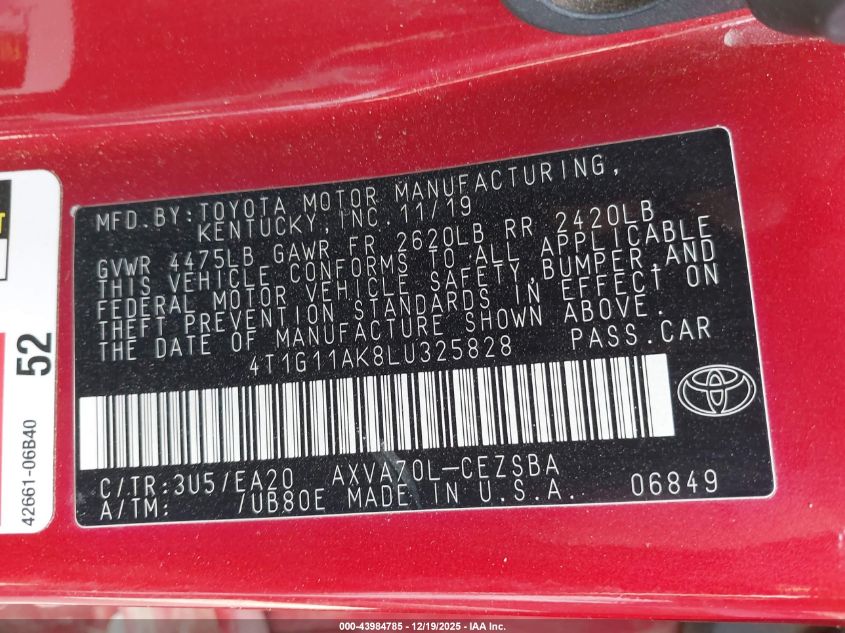 2020 Toyota Camry Se VIN: 4T1G11AK8LU325828 Lot: 43984785