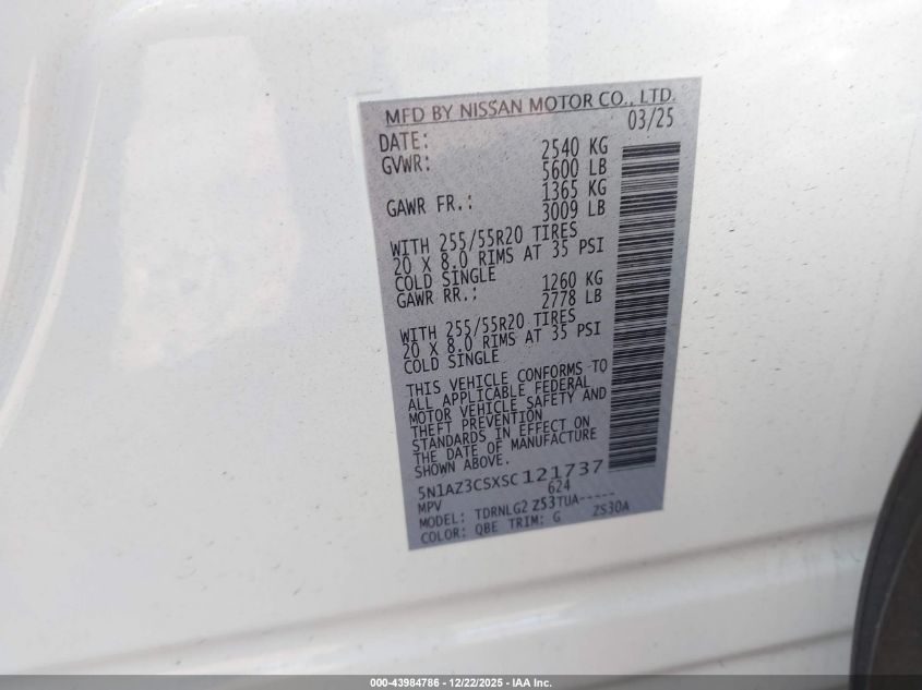 2025 Nissan Murano Sl VIN: 5N1AZ3CSXSC121737 Lot: 43984786