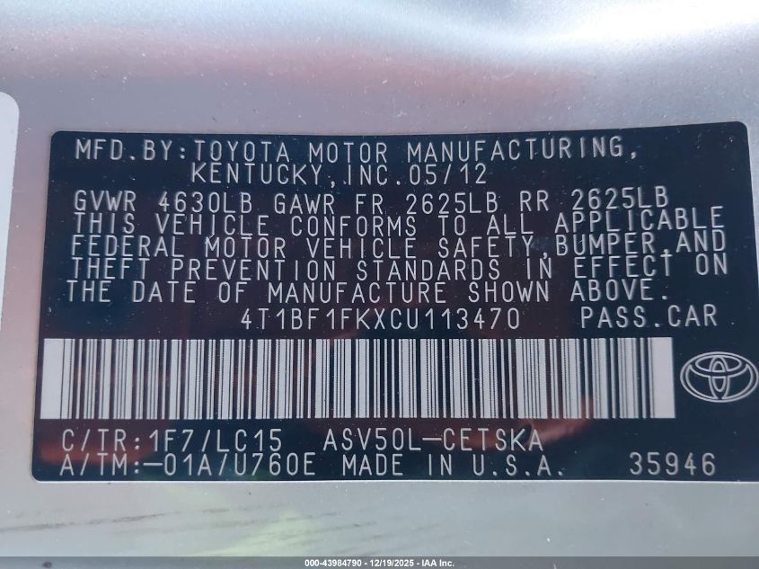 2012 Toyota Camry Se VIN: 4T1BF1FKXCU113470 Lot: 43984790