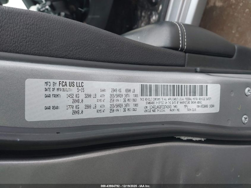 2015 Dodge Durango Sxt VIN: 1C4RDJAG8FC874343 Lot: 43984792