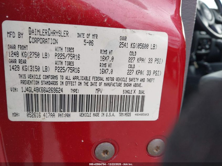 2006 Jeep Liberty Sport VIN: 1J4GL48K66W269624 Lot: 43984794