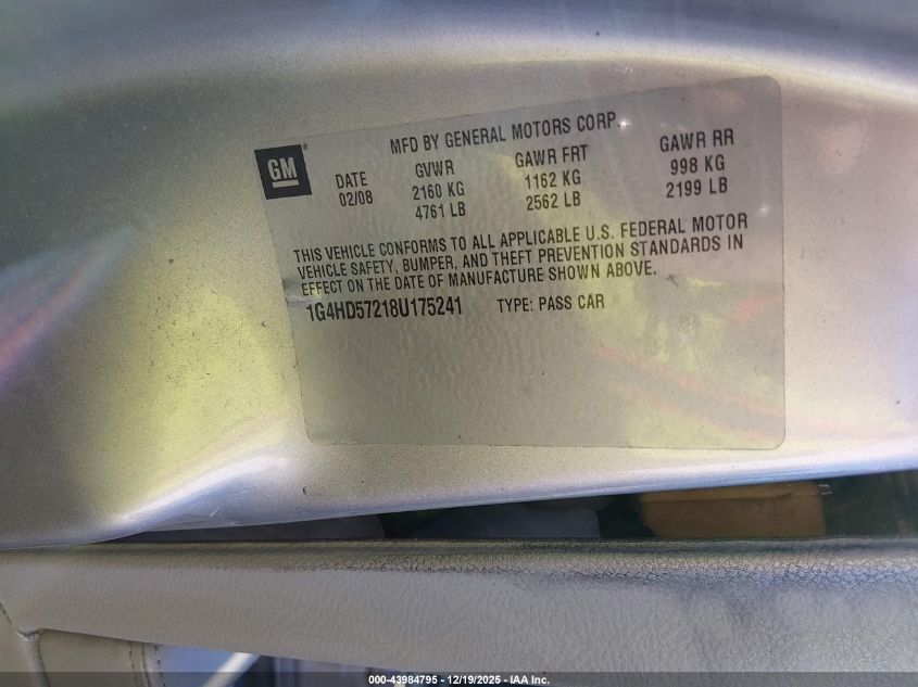 2008 Buick Lucerne Cxl VIN: 1G4HD57218U175241 Lot: 43984795