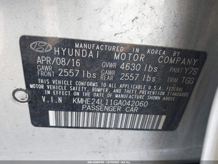 2016 Hyundai Sonata Hybrid Se VIN: KMHE24L11GA042060 Lot: 43984799