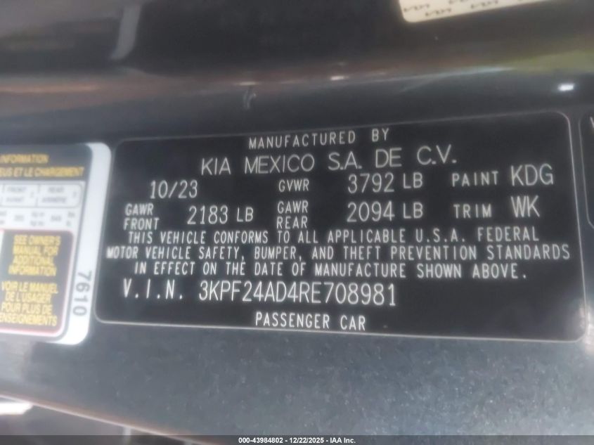 2024 Kia Forte Lxs VIN: 3KPF24AD4RE708981 Lot: 43984802