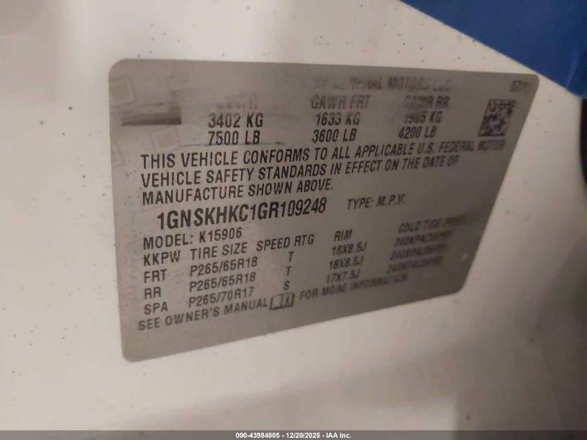 2016 Chevrolet Suburban Lt VIN: 1GNSKHKC1GR109248 Lot: 43984805