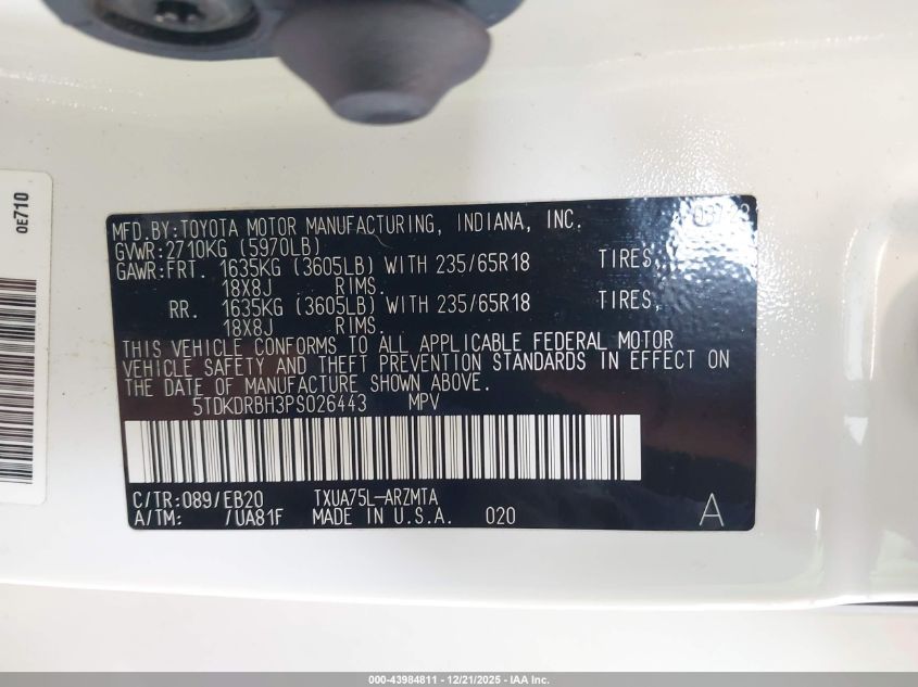 2023 Toyota Highlander Xle VIN: 5TDKDRBH3PS026443 Lot: 43984811