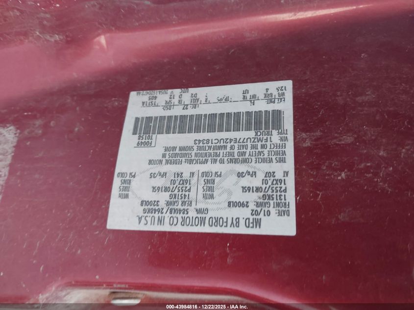 2002 Ford Explorer Sport Trac VIN: 1FMZU77E42UC18343 Lot: 43984816