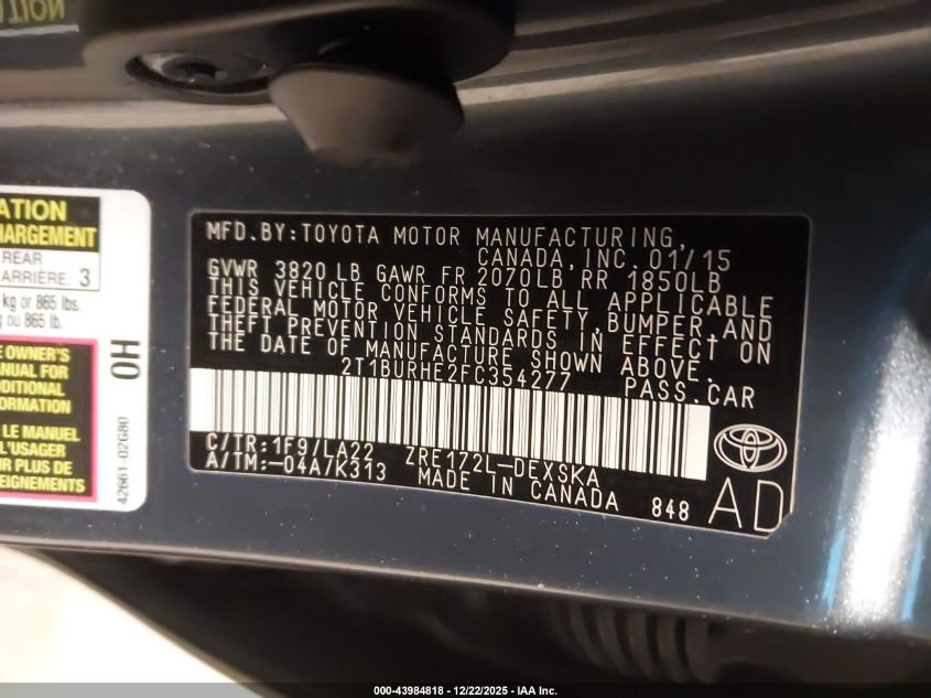 2015 Toyota Corolla S Premium VIN: 2T1BURHE2FC354277 Lot: 43984818