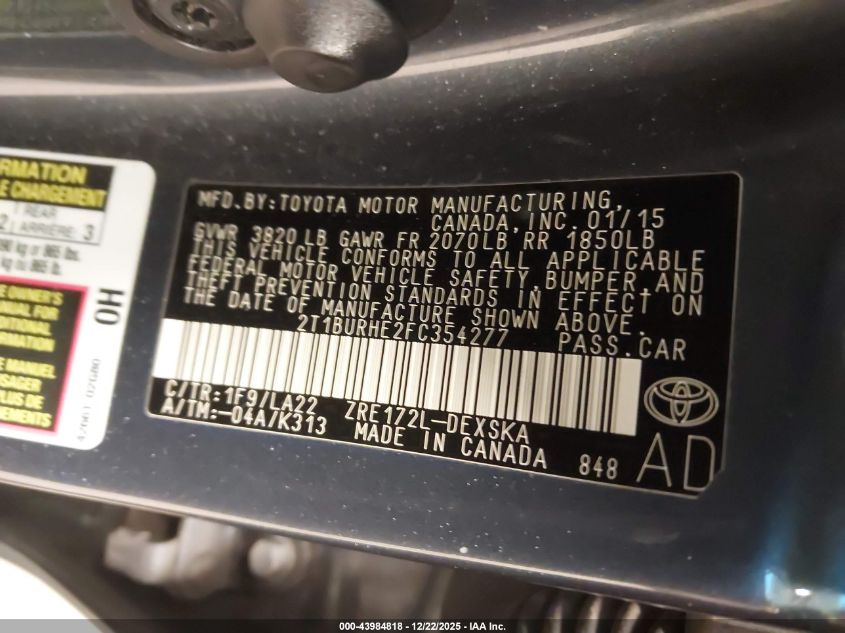 2015 Toyota Corolla S Premium VIN: 2T1BURHE2FC354277 Lot: 43984818