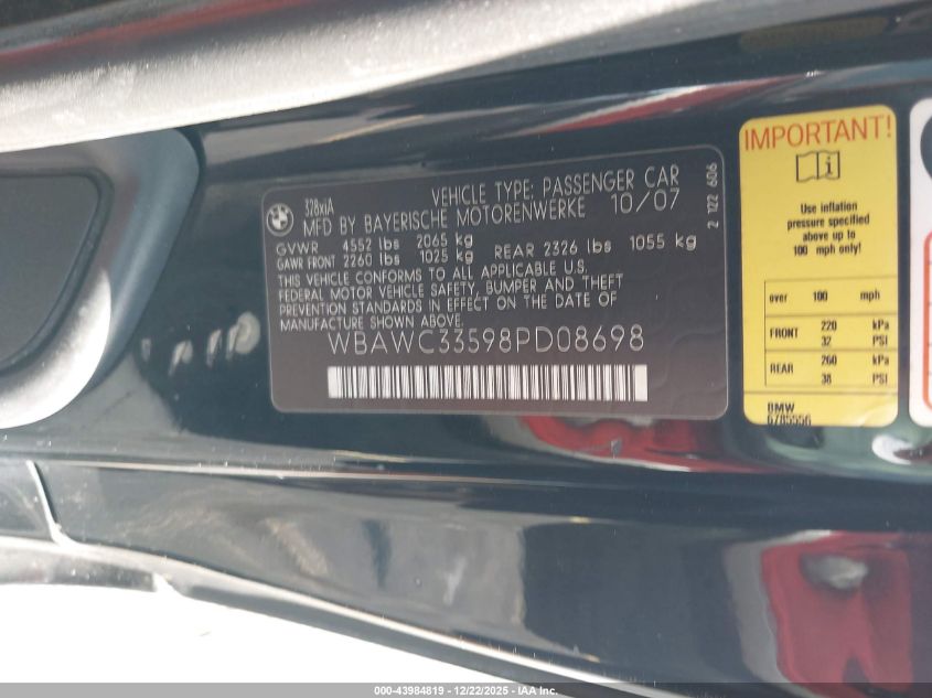 2008 BMW 328Xi VIN: WBAWC33598PD08698 Lot: 43984819