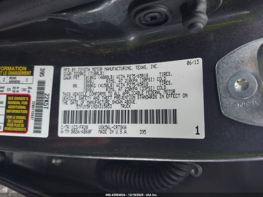 2013 Toyota Tundra Grade 5.7L V8 VIN: 5TFUY5F19DX315853 Lot: 43984824