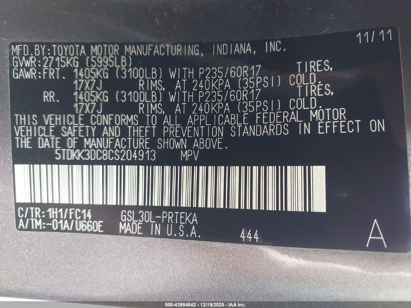 2012 Toyota Sienna Le V6 8 Passenger VIN: 5TDKK3DC8CS204913 Lot: 43984842