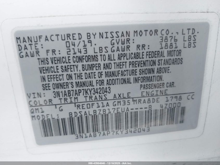 2019 Nissan Sentra S VIN: 3N1AB7AP7KY342043 Lot: 43984846