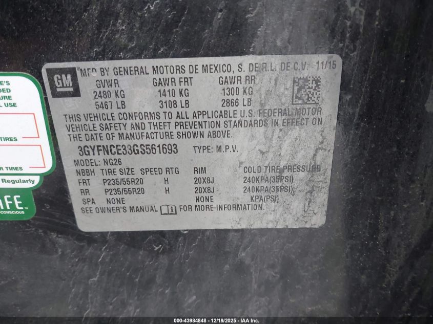 2016 Cadillac Srx Performance Collection VIN: 3GYFNCE33GS561693 Lot: 43984848